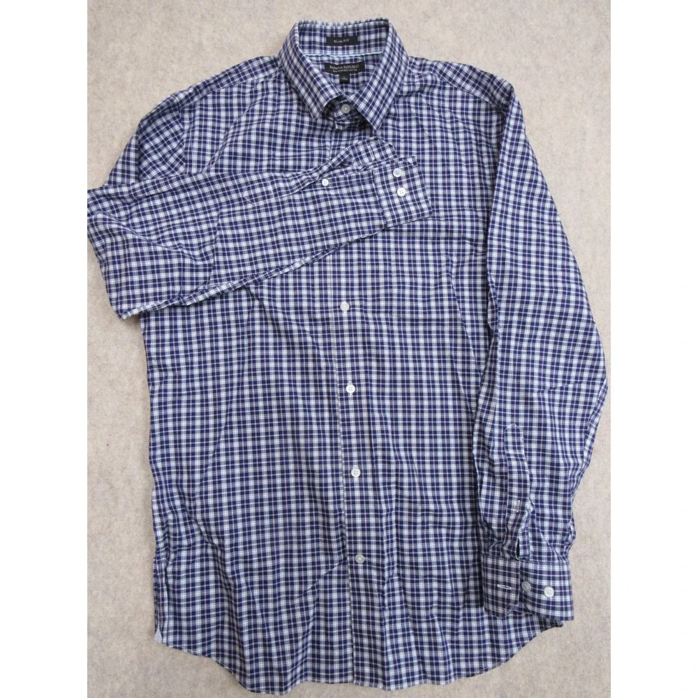 Banana Republic Mens Slim Fit Non-Iron Plaid Button Down Shirt Navy Blue Large